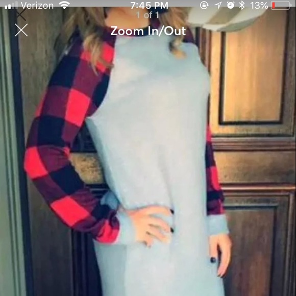 Grey Dress With Red Plaid Sleeve - Picture 1 of 4